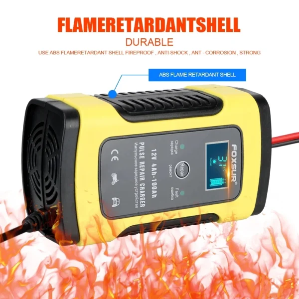 3PIN FOXSUR Car Battery Charger 12V 5A Pulse Repair LCD Battery Charger Motorcycle Acid Charger Intelligent Auto Battery